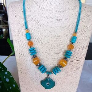 Turquoise and Orange Beaded Necklace, artisanal, handmade in Ecuador